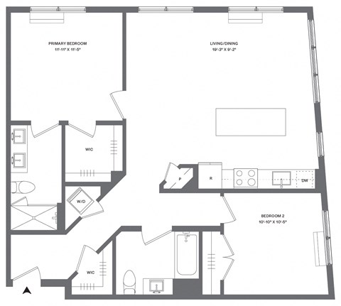 Floor plan for 2 beds, 2 baths, 1052 sqft